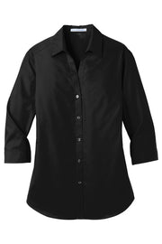 LADIES 3/4-Sleeve Carefree Poplin Shirt W/ LOGO LEFT CHEST