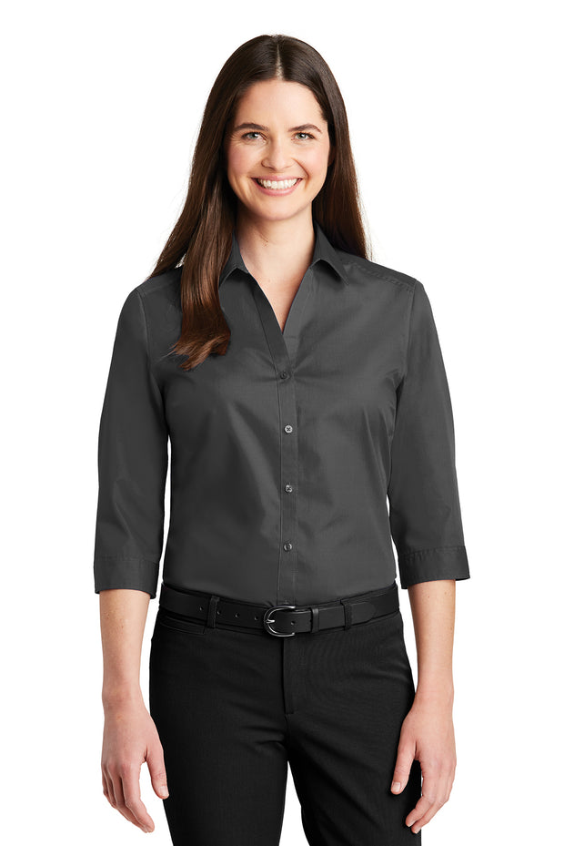 LADIES 3/4-Sleeve Carefree Poplin Shirt W/ LOGO LEFT CHEST